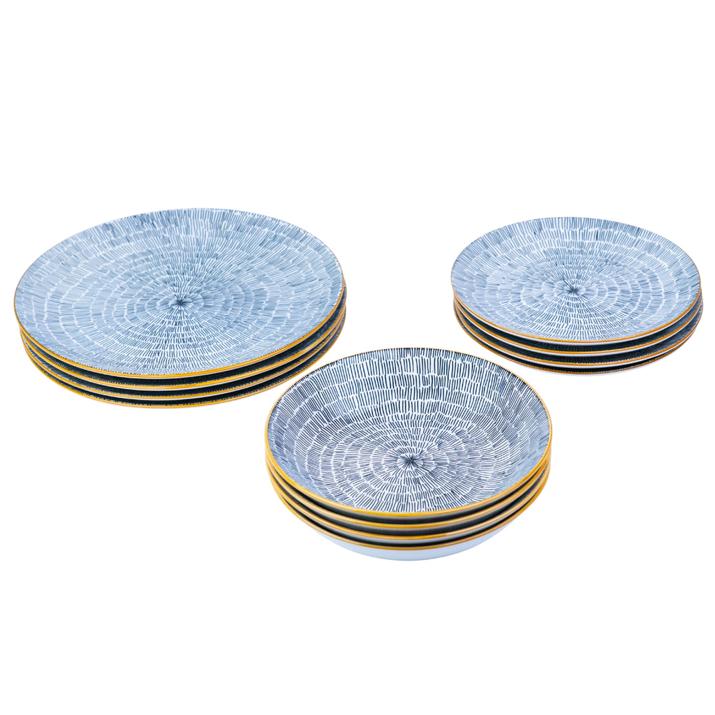 Conjunto de Louça 12 Peças com Padrão Radial e Borda Dourada - Azul Acinzentado (4 Pessoas) REF-807002