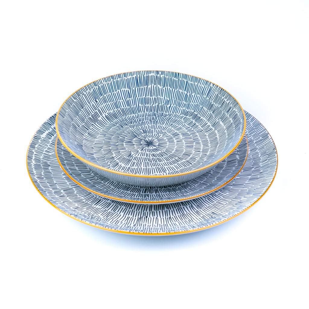 Conjunto de Louça 12 Peças com Padrão Radial e Borda Dourada - Azul Acinzentado (4 Pessoas) REF-807002