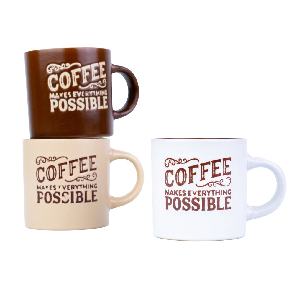 Caneca Pequena de Cerâmica 170cc "Coffee Makes Everything Possible" - 3 Cores REF-207002