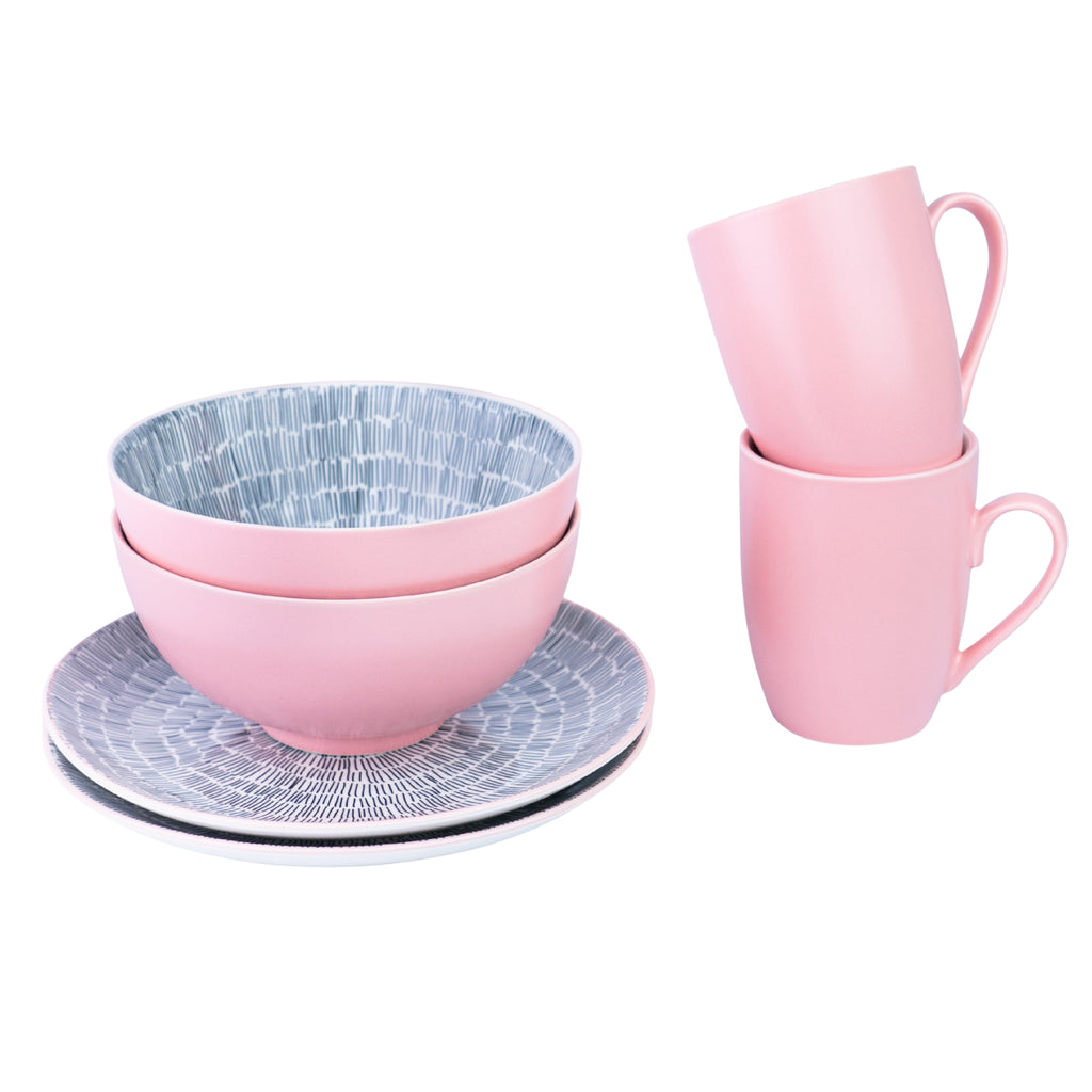 Conjunto de Pequeno-Almoço 6 Peças com Padrão Radial - Rosa (2 Pessoas) REF-720060P