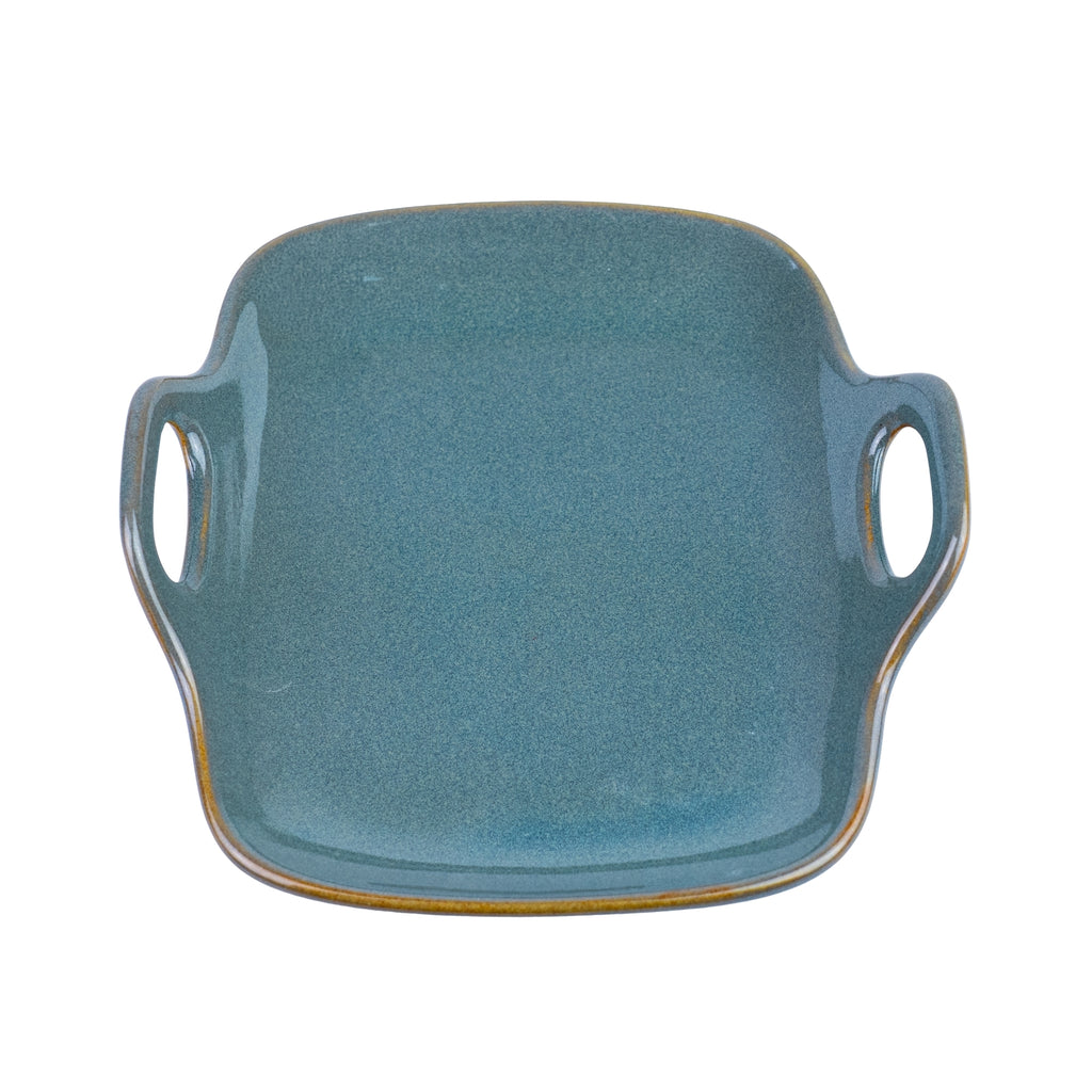 Prato Quadrado de Cerâmica com Asas e Cantos Arredondados em Verde Jade 19x18,5cm REF-12103052