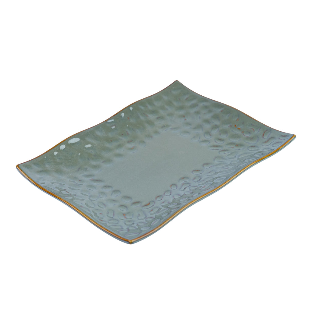Prato Retangular de Cerâmica com Textura Orgânica em Verde Jade 28x20cm REF-12103007