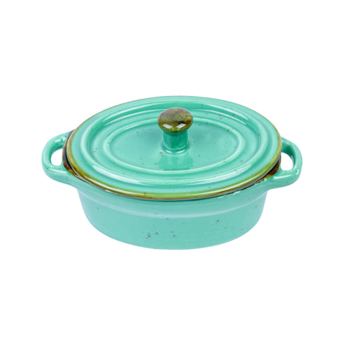 Caçarola Oval Pequena de Cerâmica Turquesa com Tampa 12,3x8,7x4,6cm REF-132003