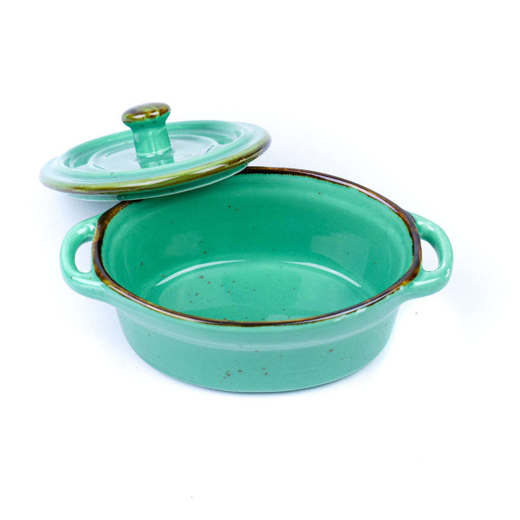 Caçarola Oval Pequena de Cerâmica Turquesa com Tampa 12,3x8,7x4,6cm REF-132003