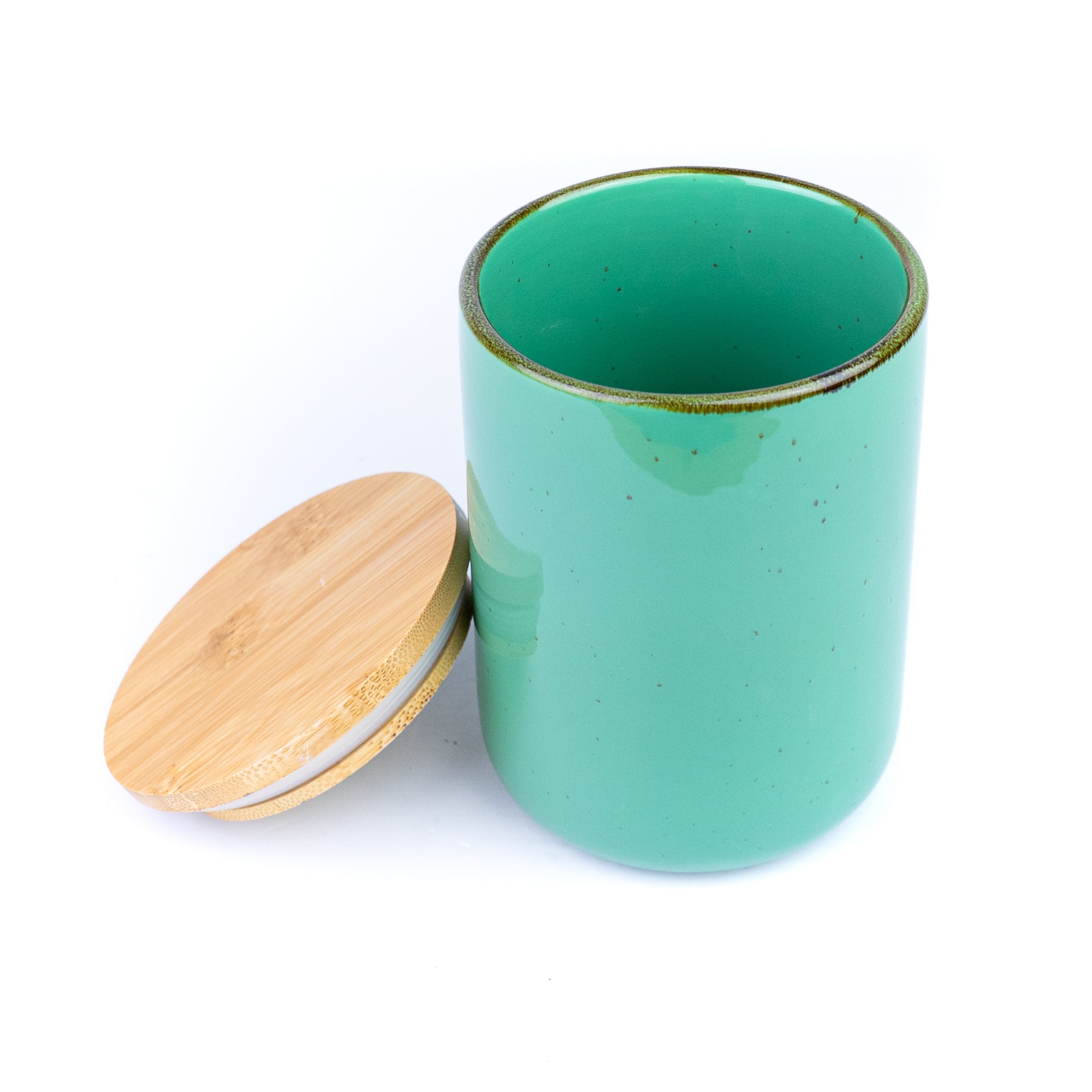 Pote de Cerâmica Turquesa com Tampa de Bambu 10,3x13,8cm REF-127003