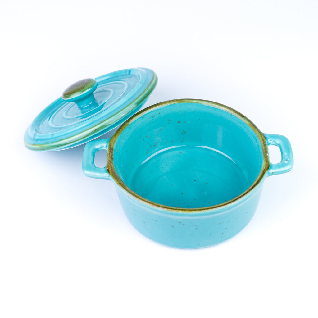Caçarola Redonda de Cerâmica Turquesa com Tampa 12,5x5,5cm REF-133003