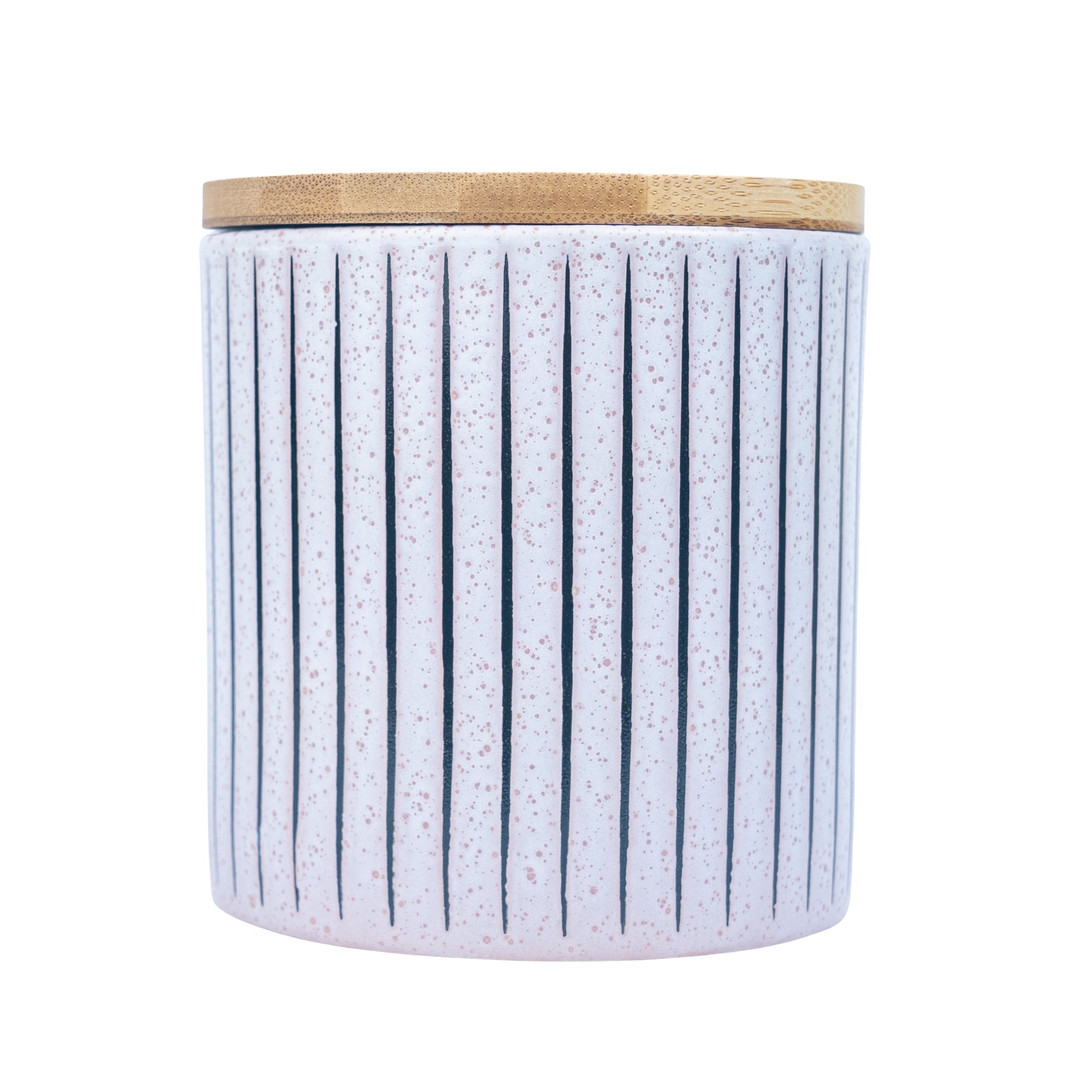 Recipiente em Cerâmica com Tampa de Bambu - Branco com Riscas 11x11cm REF-299003