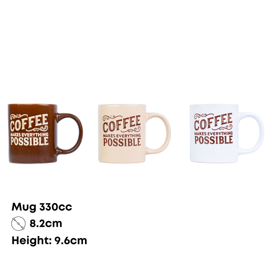 Caneca de Cerâmica 330cc "Coffee Makes Everything Possible" - 3 Cores Disponíveis REF-207001