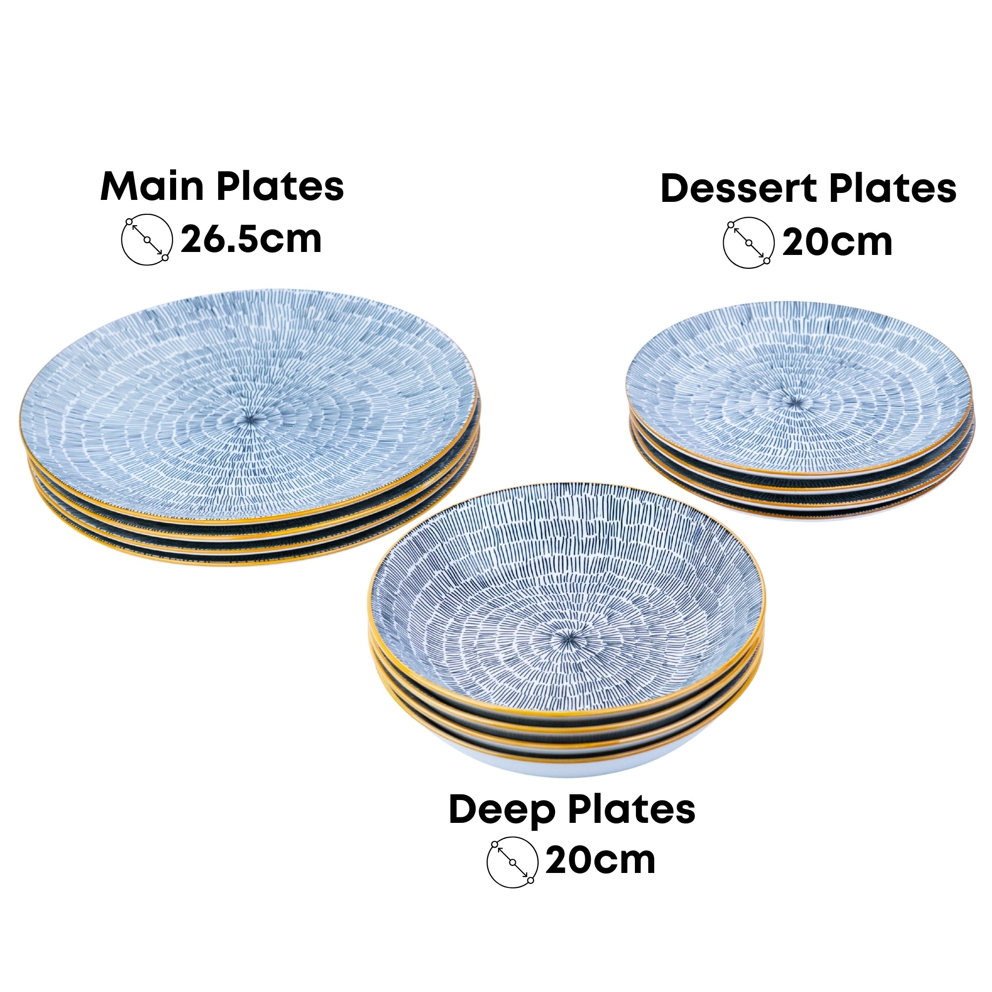 Conjunto de Louça 12 Peças com Padrão Radial e Borda Dourada - Azul Acinzentado (4 Pessoas) REF-807002