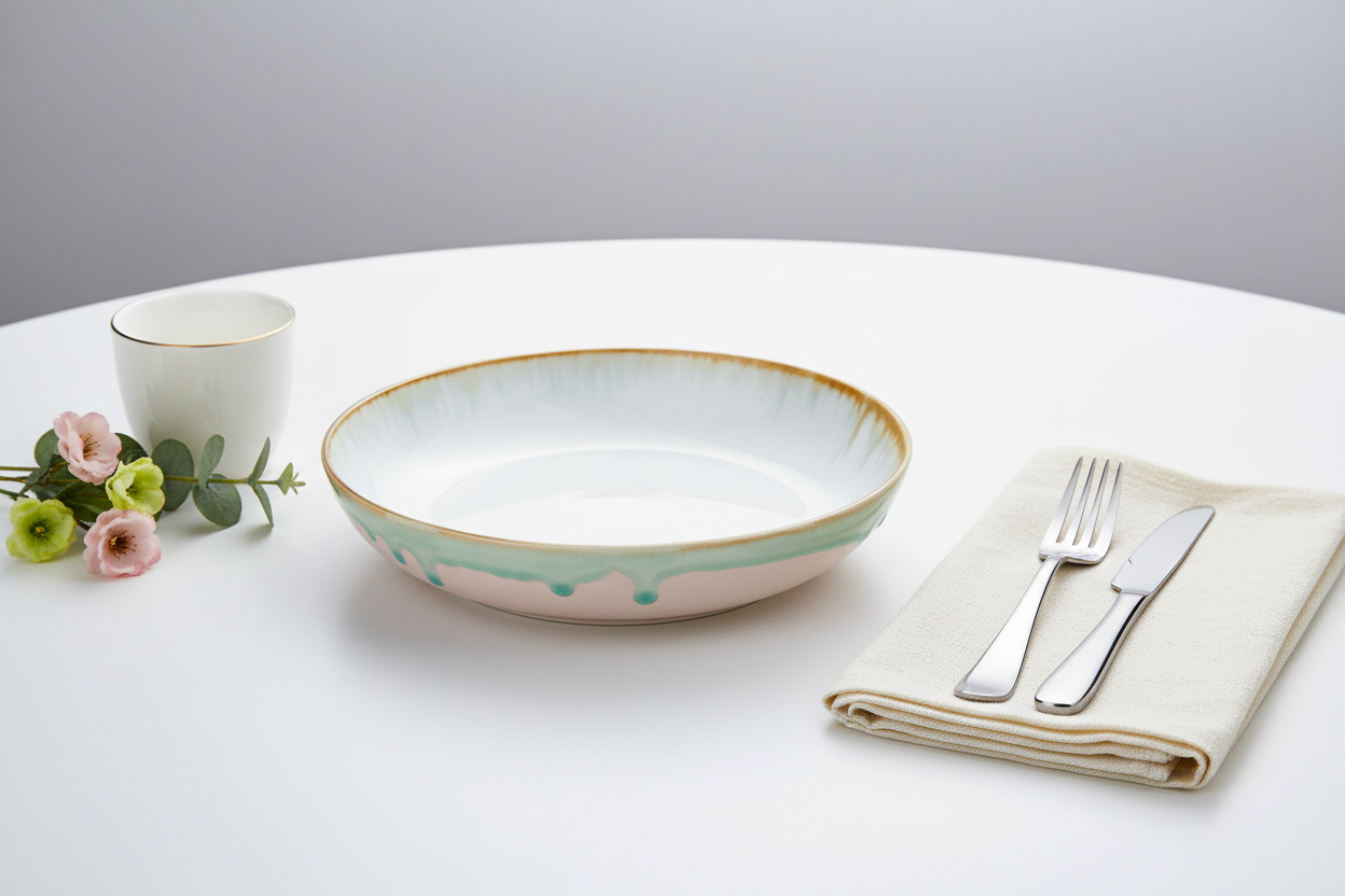 Cenário elegante com prato branco com detalhes verdes e rosa