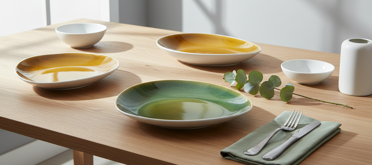 Cenário elegante com pratos bicolores mostarda/verde e branco