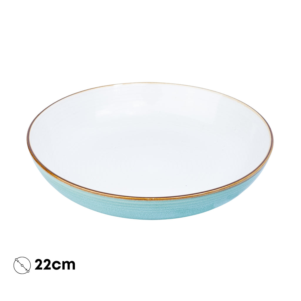 Prato Fundo Redondo em Cerâmica - Interior Branco e Exterior Turquesa 22cm REF-603002