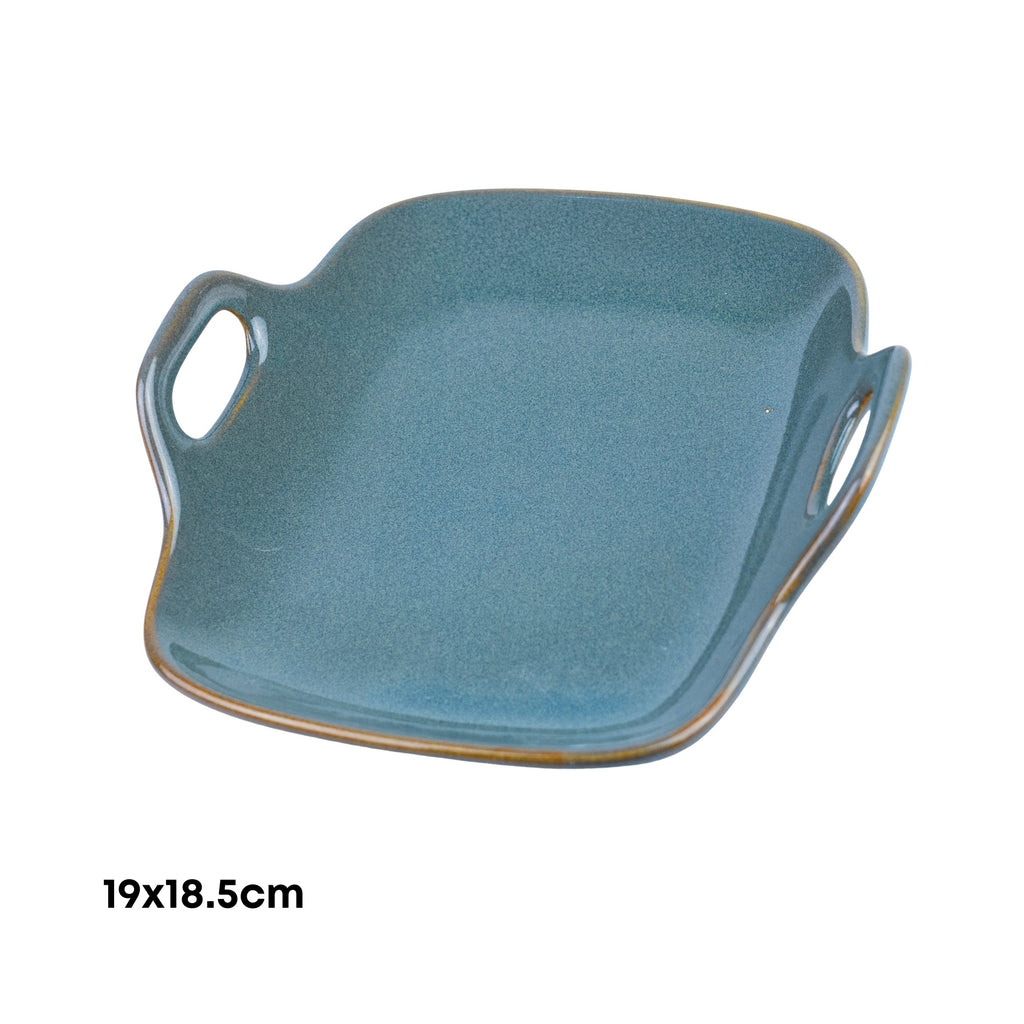 Prato Quadrado de Cerâmica com Asas e Cantos Arredondados em Verde Jade 19x18,5cm REF-12103052