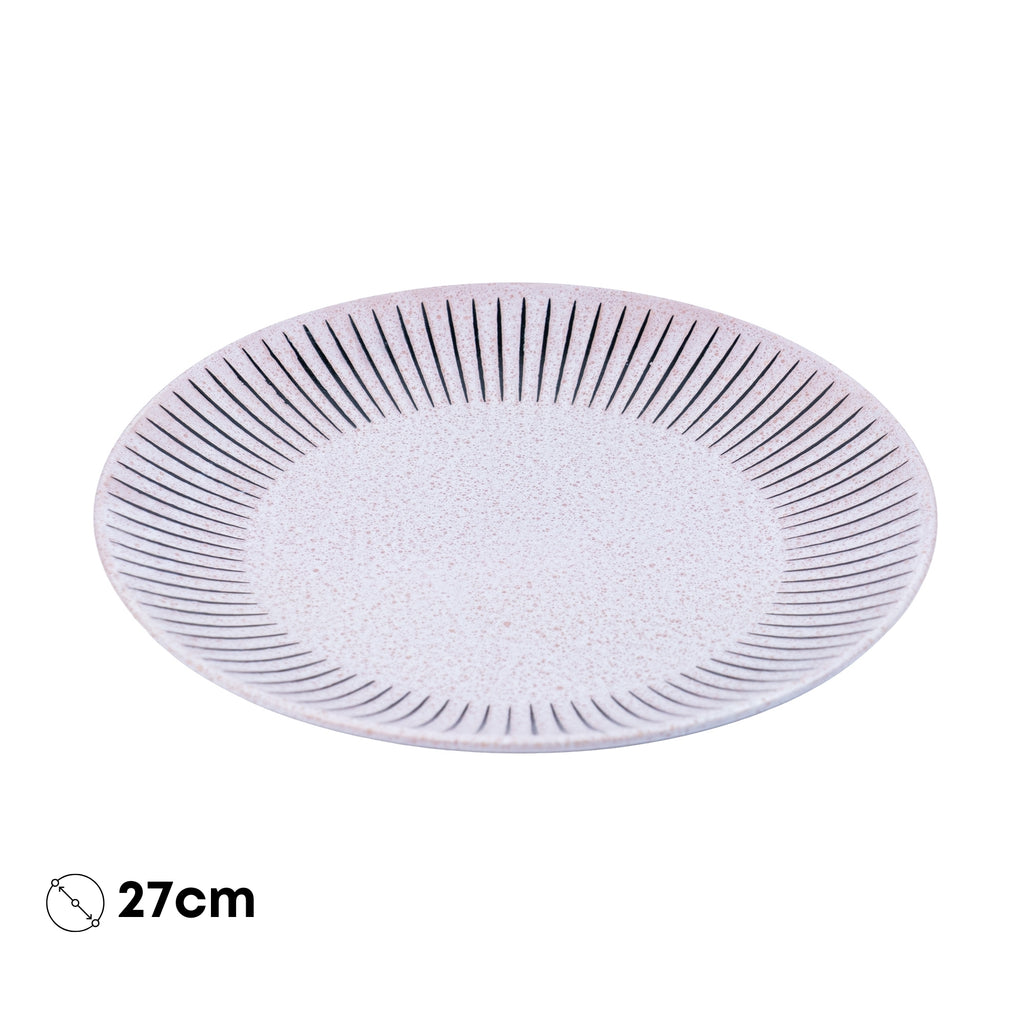 Prato Redondo em Cerâmica - Rosa com Riscas Radiais Pretas na Borda 27cm REF-299021