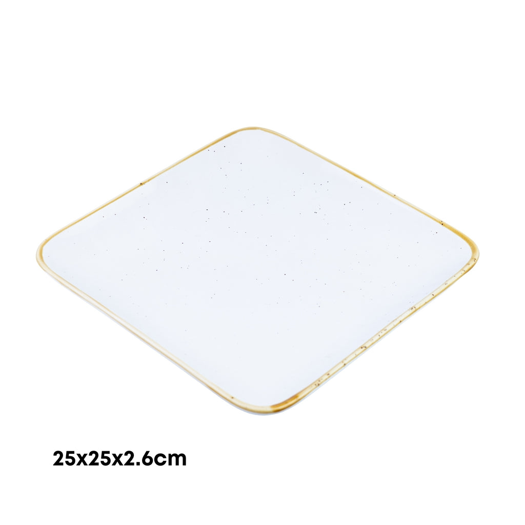 Prato Quadrado Extra Grande de Cerâmica Branca com Borda Dourada 25x25x2,6cm REF-660007