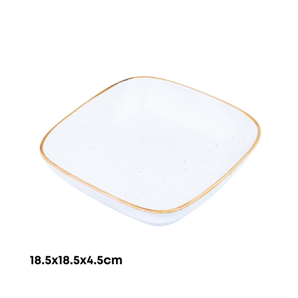 Tigela Quadrada Funda de Cerâmica Branca com Borda Dourada 18,5x18,5x4,5cm REF-660008