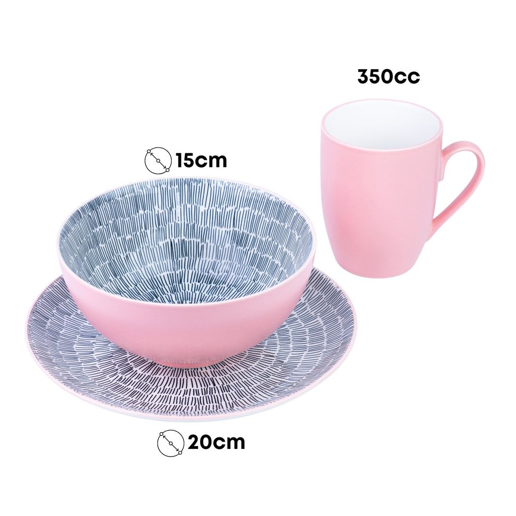 Conjunto de Pequeno-Almoço 6 Peças com Padrão Radial - Rosa (2 Pessoas) REF-720060P