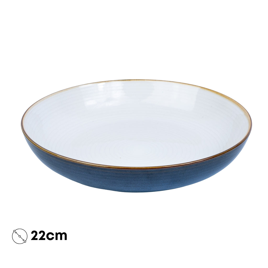 Prato Fundo Redondo em Cerâmica - Interior Branco e Exterior Azul Marinho 22cm REF-604002